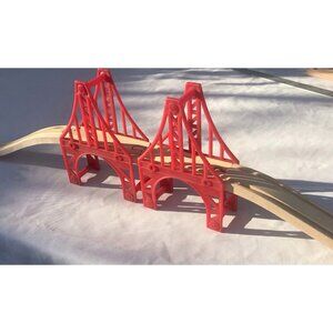 Vtg BRIO Sydney Red Suspension Bridge Set 3339 Double Wood Train Track 4pc Lot
